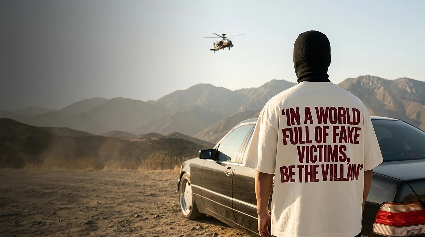 Figure from behind in a cream t-shirt next to a dark car in the desert