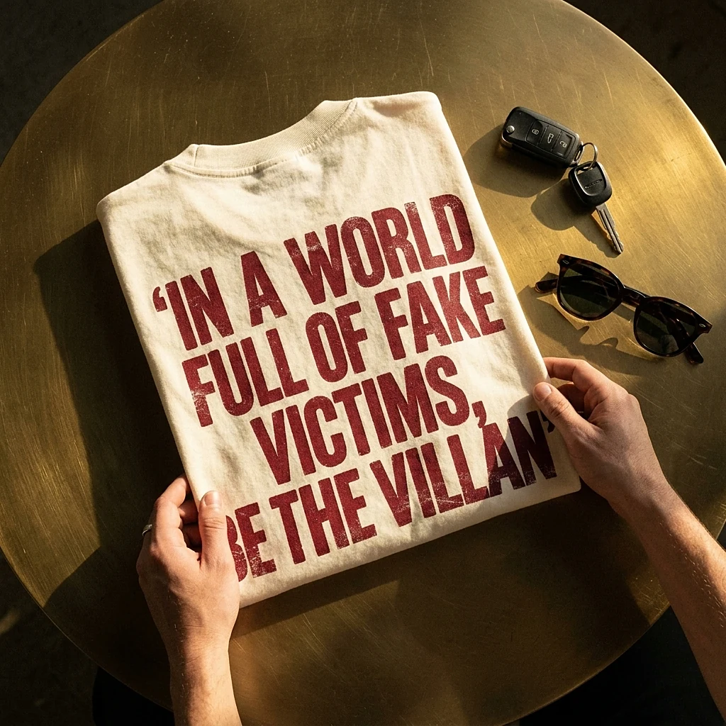 Hands holding a folded cream t-shirt on a brushed gold table