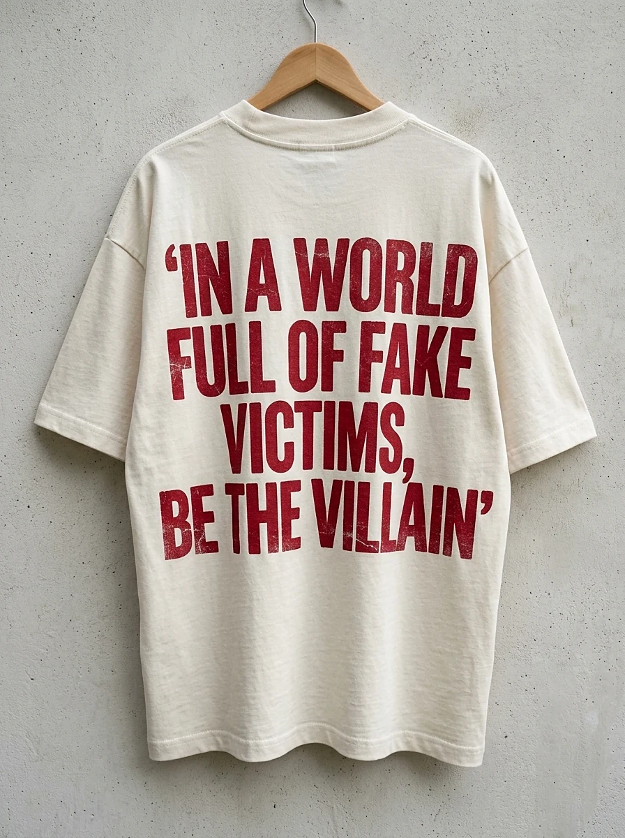 Cream t-shirt with dark red print on a hanger