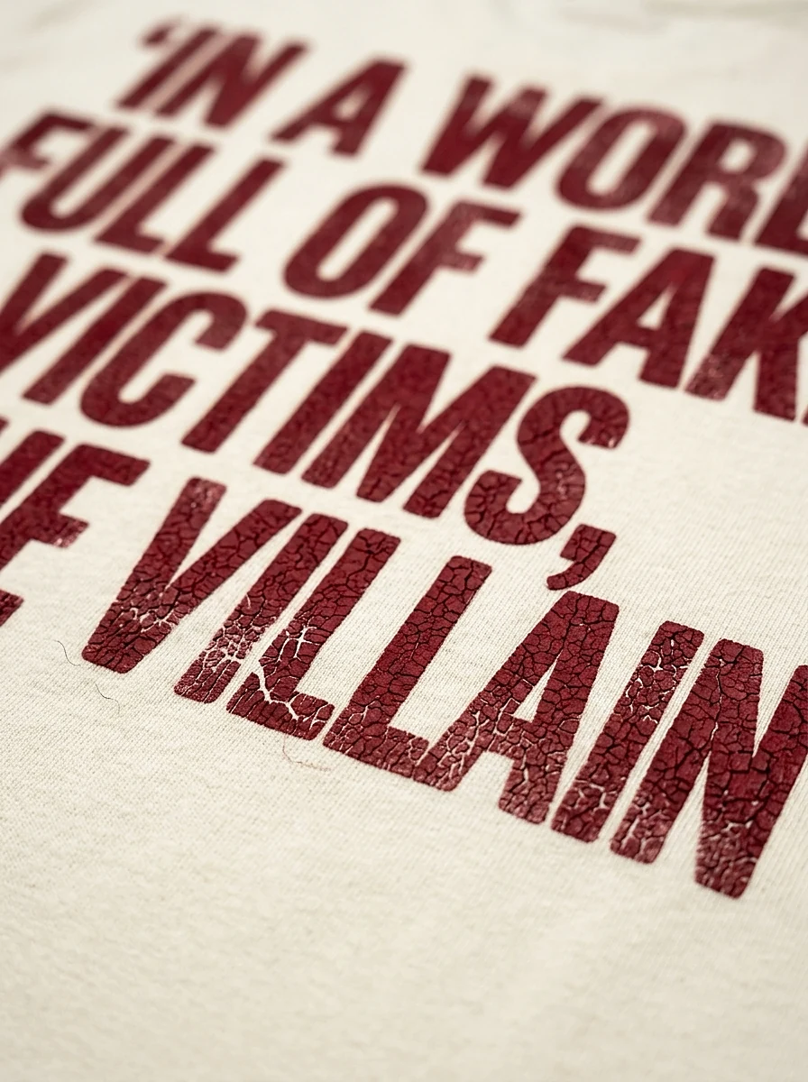 Close-up of the distressed dark red print on cotton