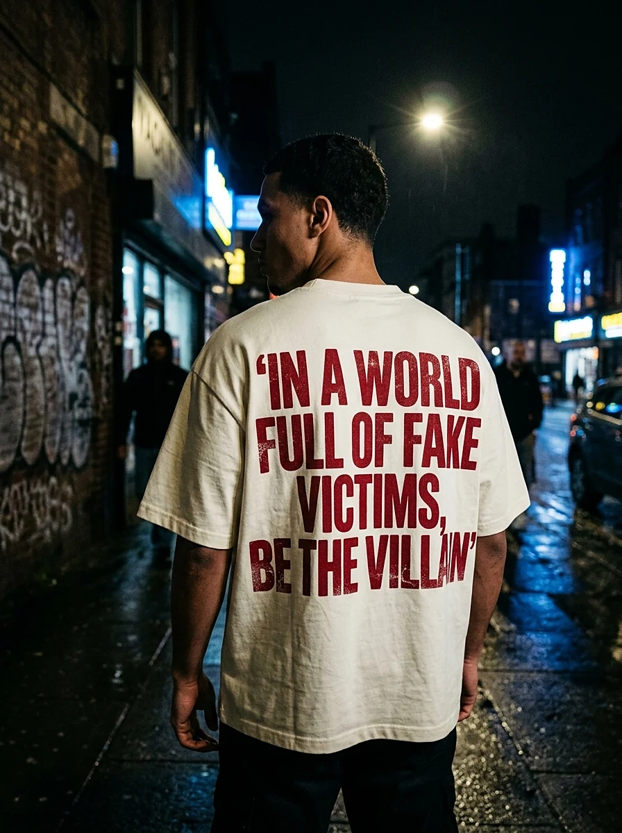 Oversized cream t-shirt with dark red print, seen from behind on a rainy night street
