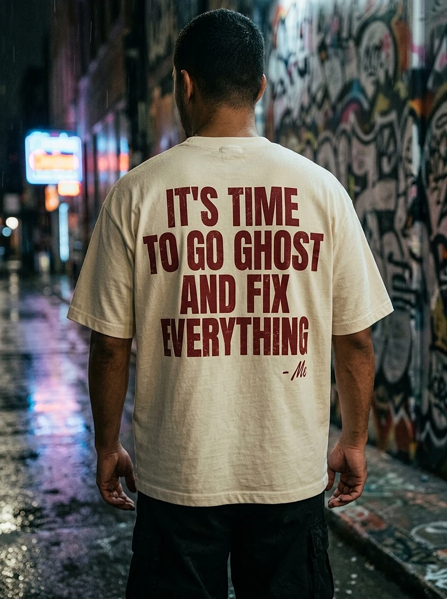 Cream oversized t-shirt with Go Ghost print in a graffiti alley