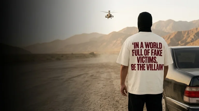 Fake victims be the villain shirt worn in the desert, back view