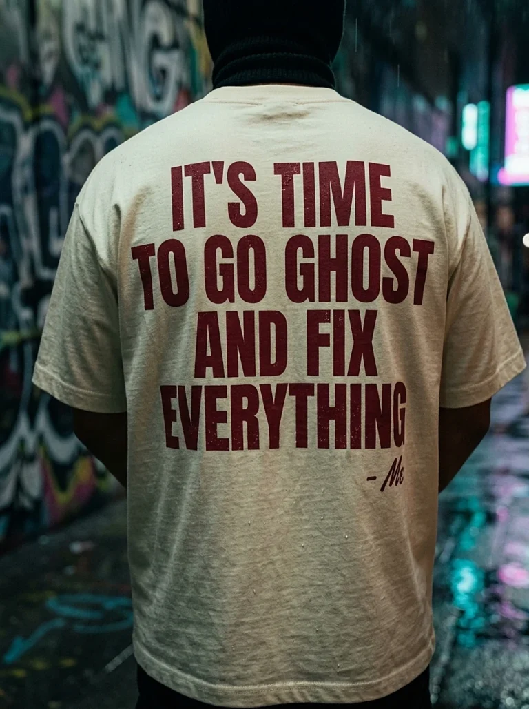 Time to go ghost shirt worn in an alley, back view