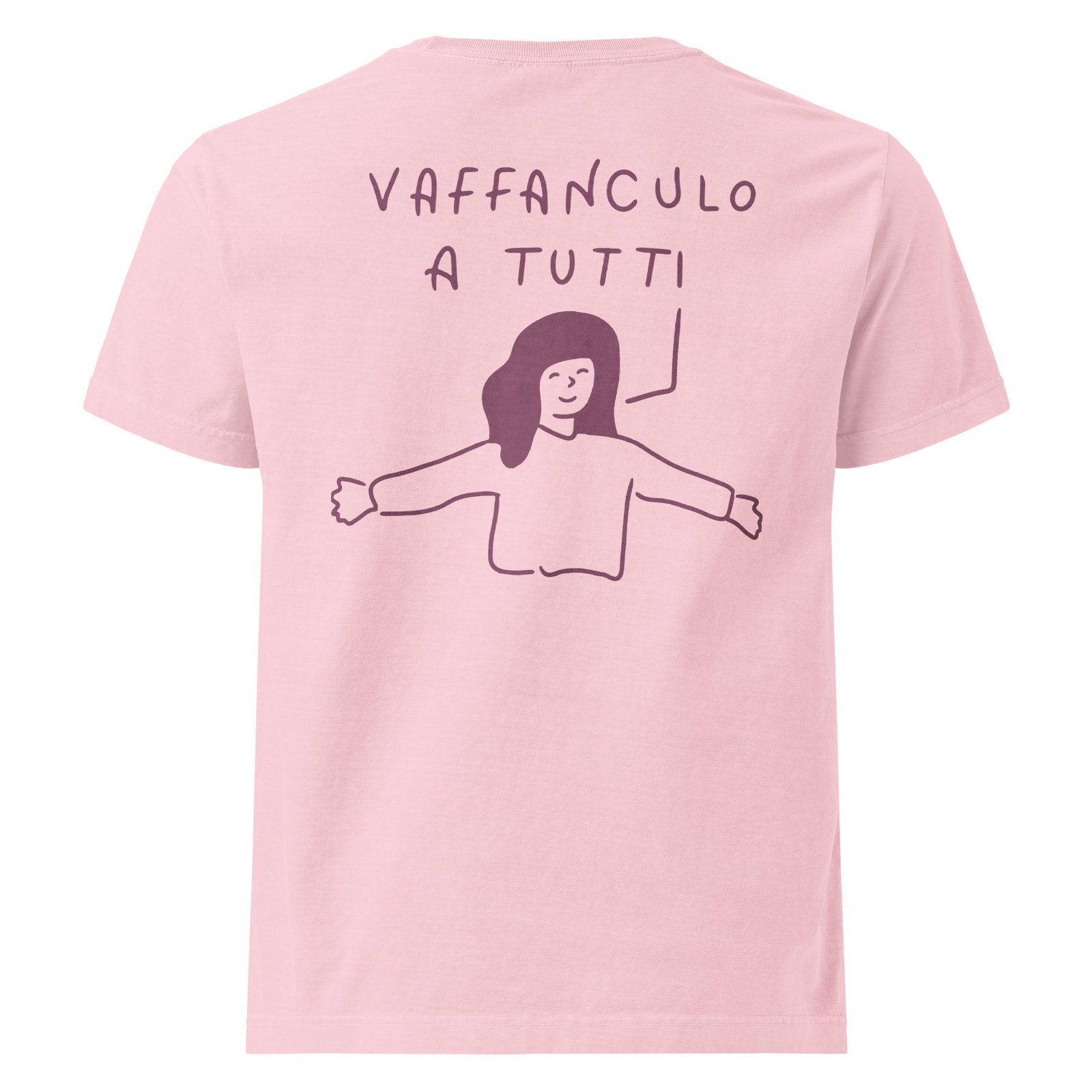 Back of the pink Vaffanculo A Tutti Tee with the full-size hand-drawn doodle