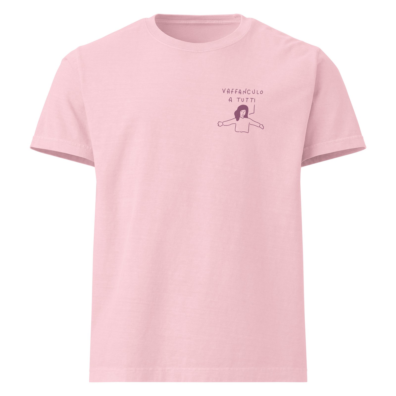 Front of the pink Vaffanculo A Tutti Tee with the small hand-drawn doodle on the chest