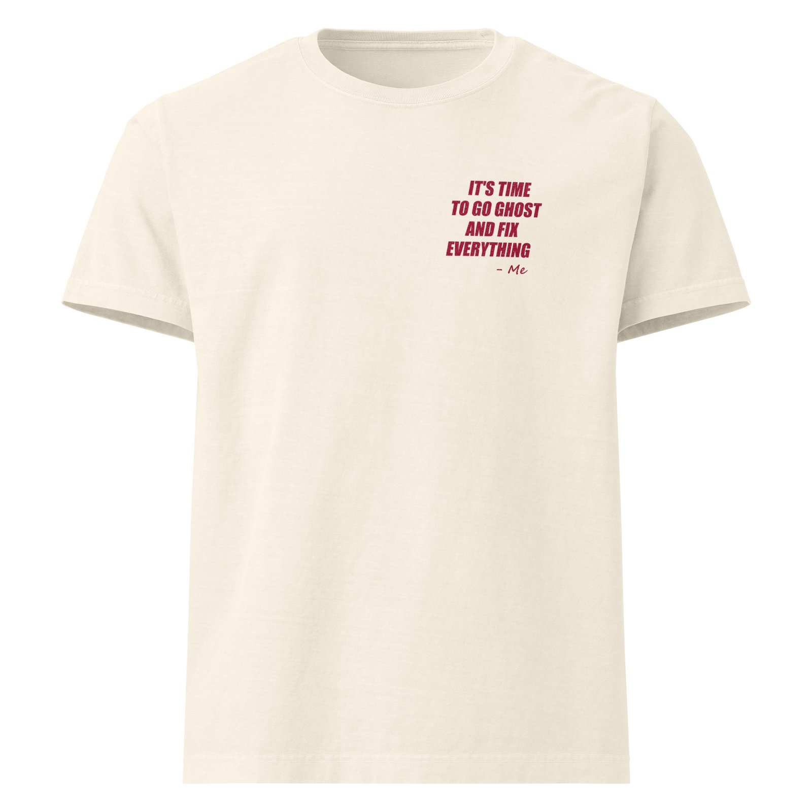 Front of the Vintage White Go Ghost Tee with the same line printed small on the chest